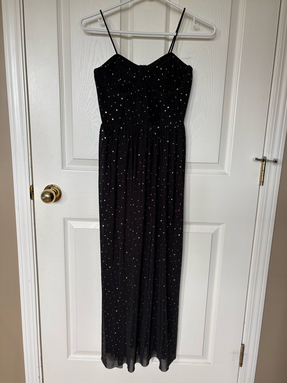 Black Rhinestone Mesh Maxi Dress with Built-In Bodysuit Medium Party Disco Vegas